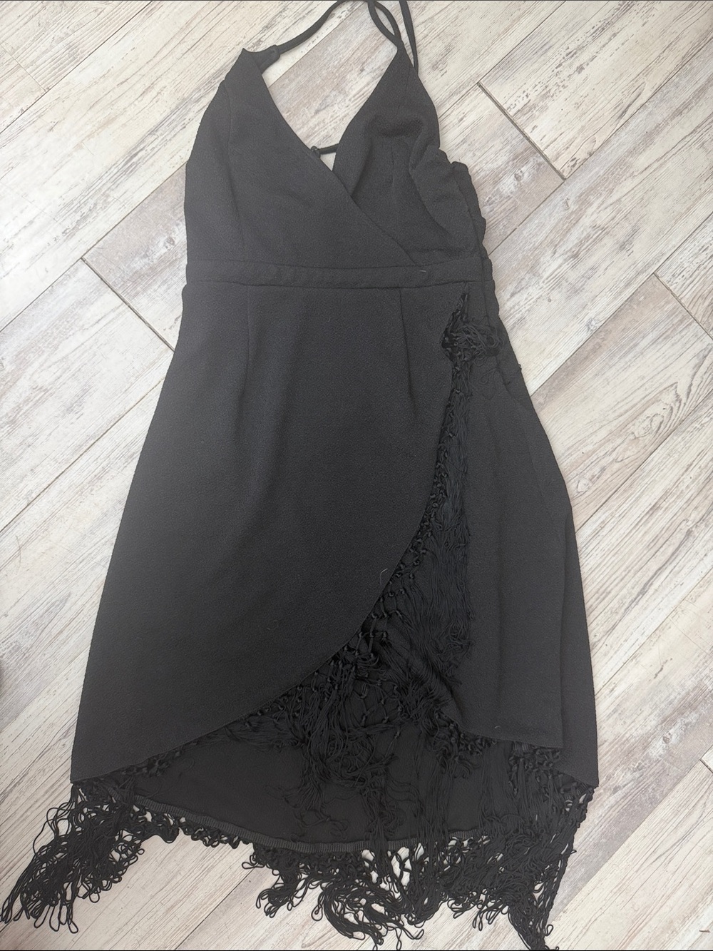 Black Fringe Wrap Cocktail Dress